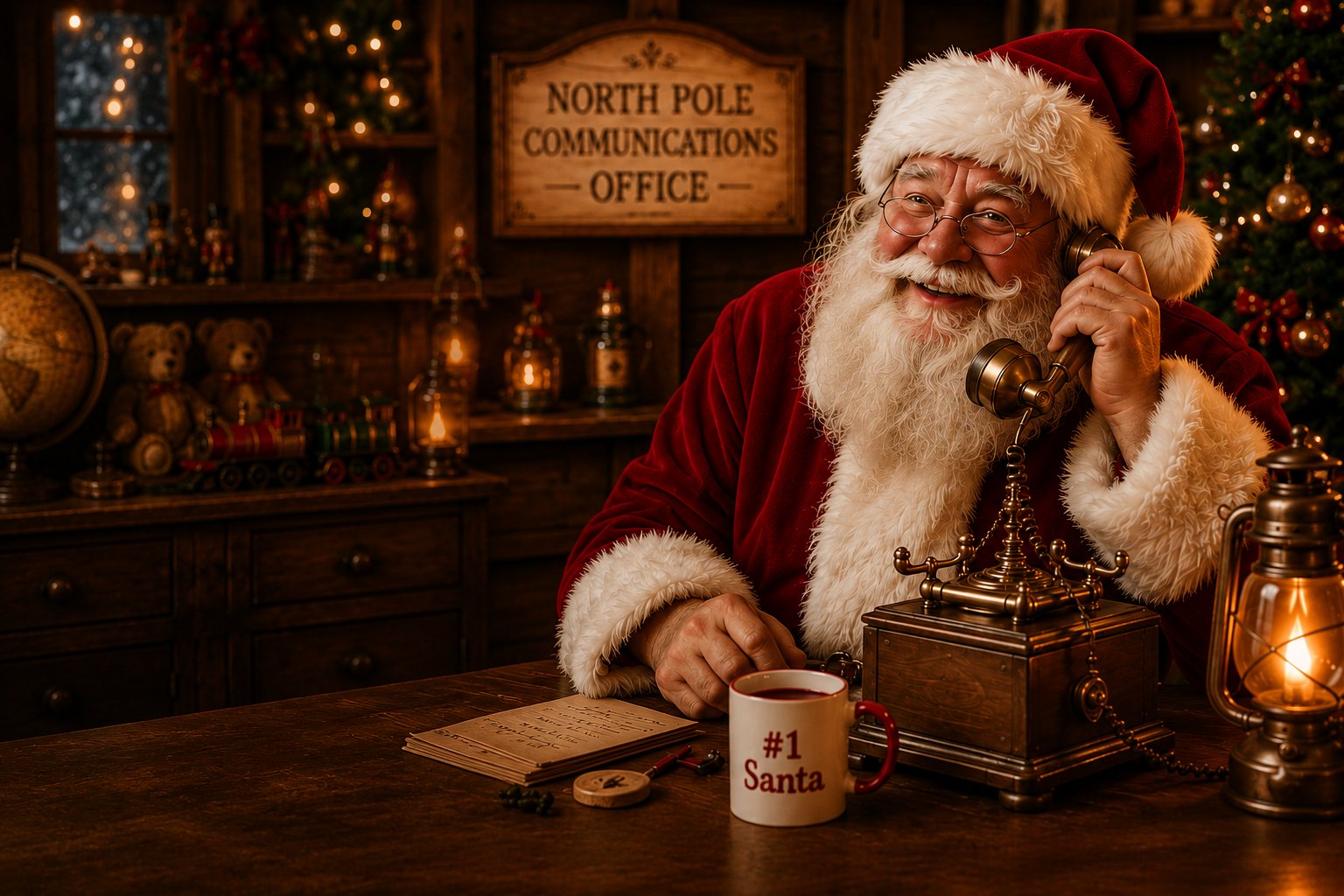 Santa Claus on the phone at the North Pole Communications Office